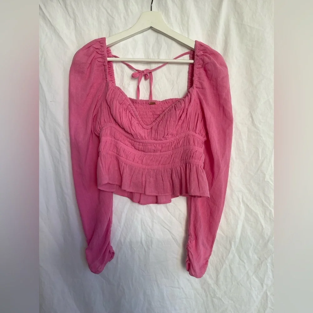 Free People Chloe Aurora Romantic Smocked Peplum Blouse Boho Coquette Size S